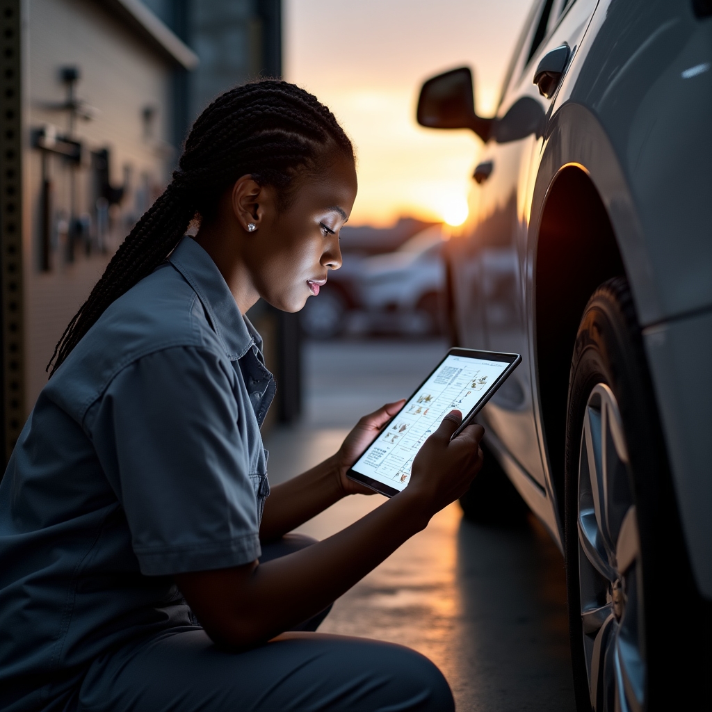 Technician entering inspection findings into a digital vehicle inspection tool on a tablet