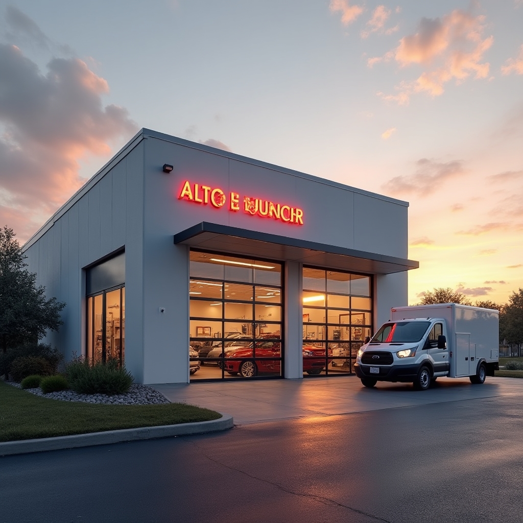 Exterior of a modern auto repair shop in early morning light
